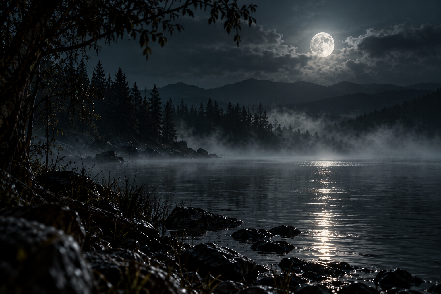 Misty moonlit lake surrounded by dark trees