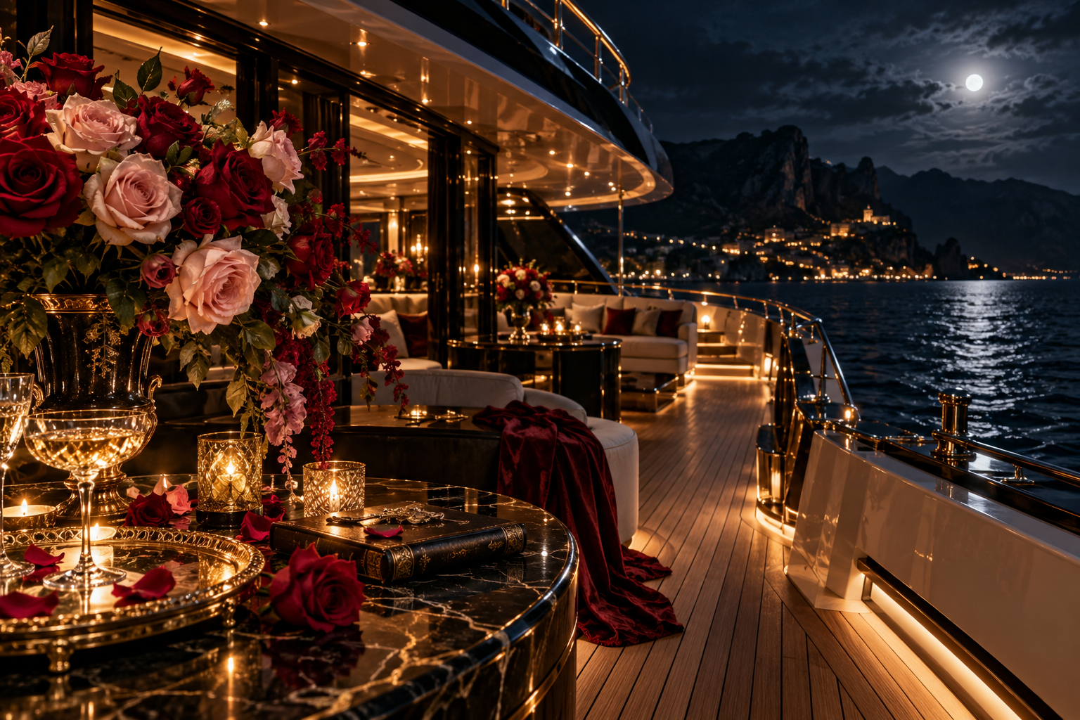 Luxury yacht at night with champagne and pink and red roses