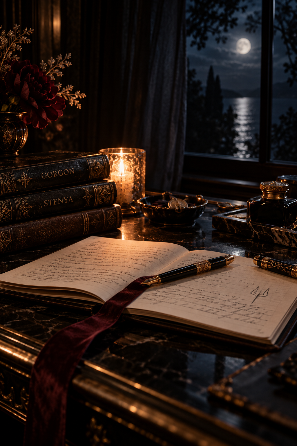 Candlelit writing desk with manuscripts, books, roses, and a moonlit lake